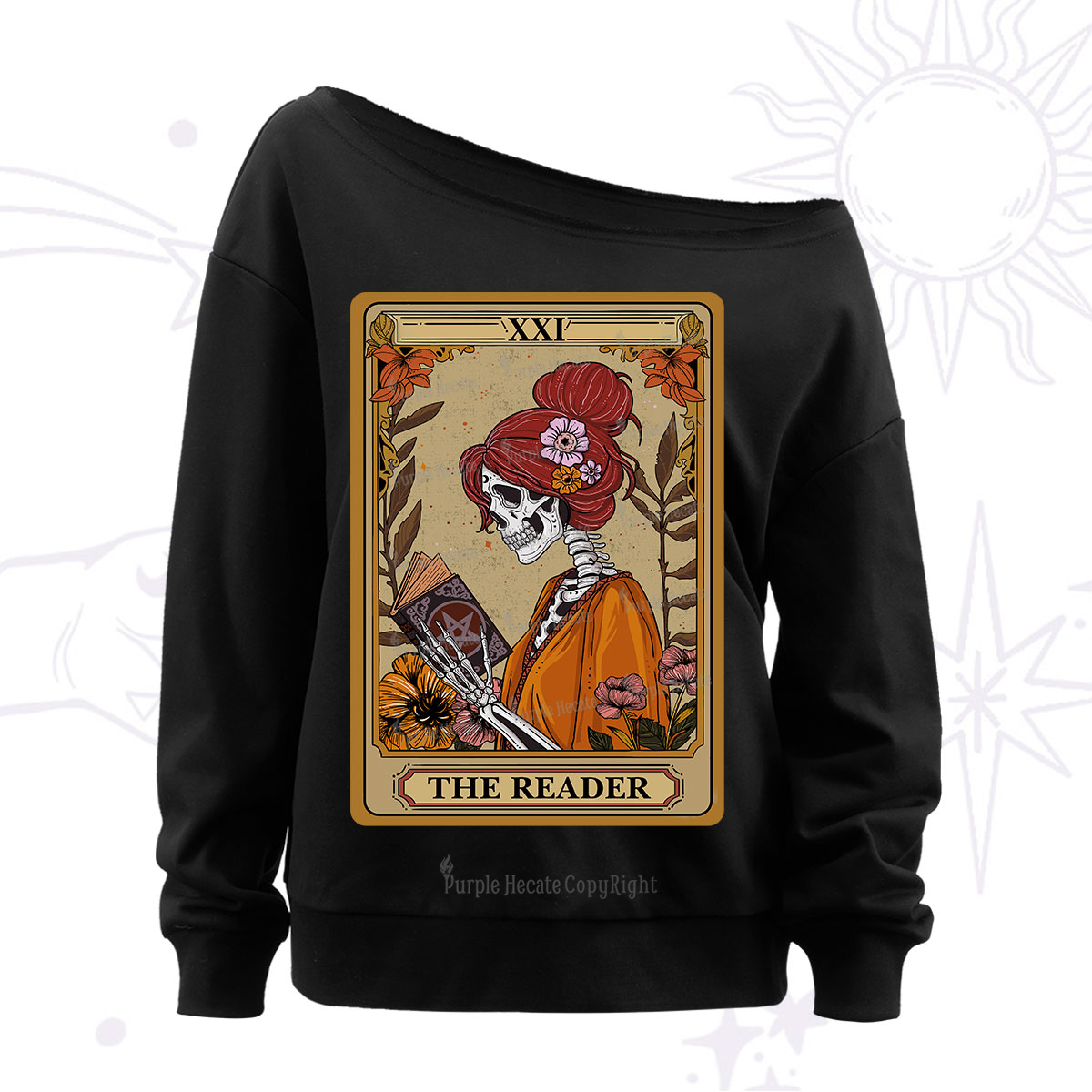 Purplehecate The Reader Tarot Card Skeleton Off The Shoulder Sweatshirt