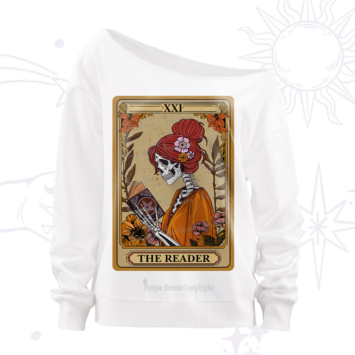 Purplehecate The Reader Tarot Card Skeleton Off The Shoulder Sweatshirt