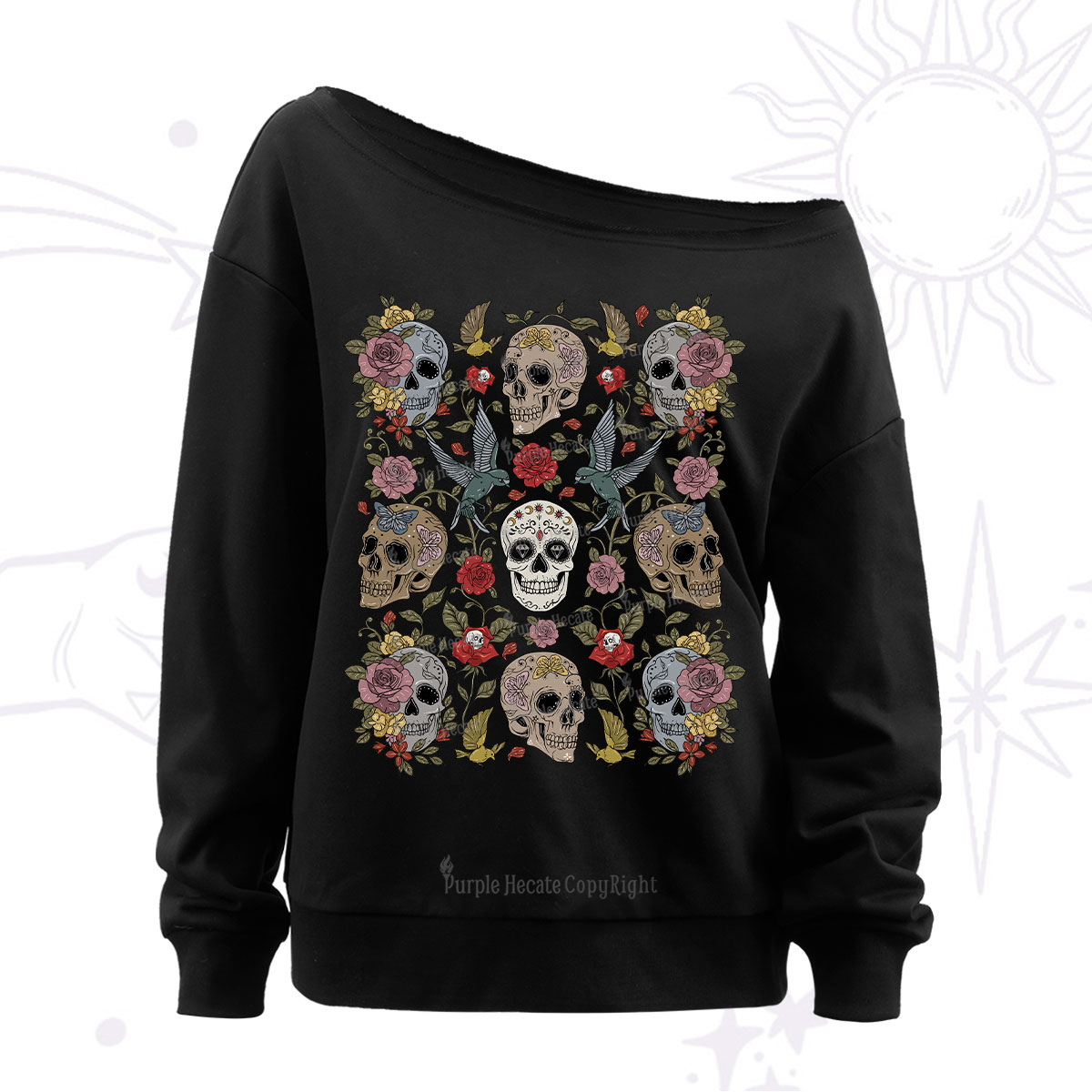 Purplehecate Skull Floral Off The Shoulder Sweatshirt