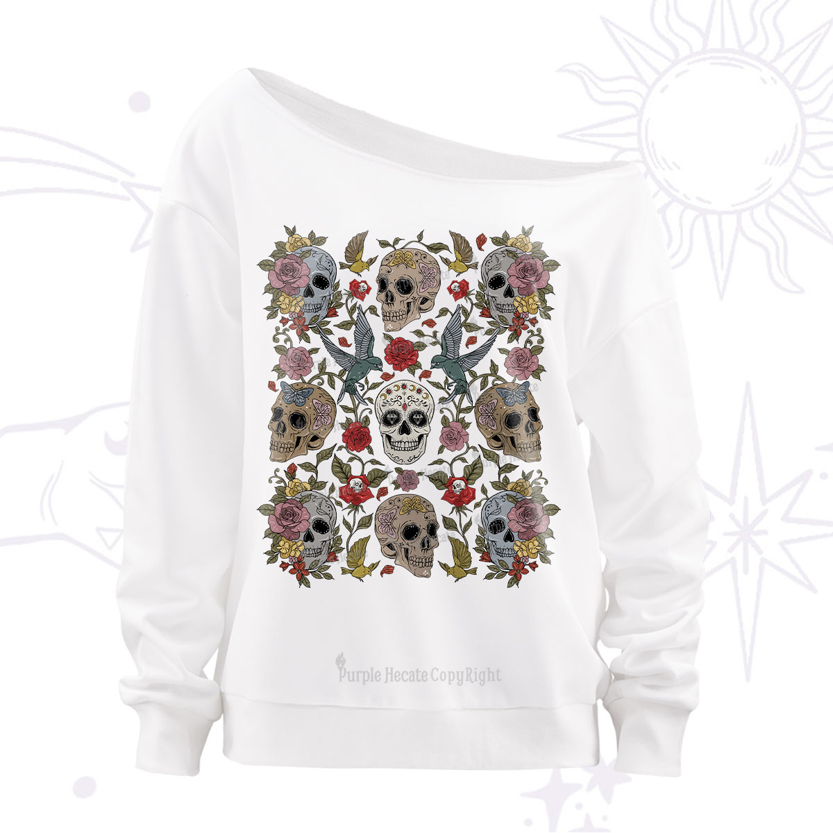 Purplehecate Skull Floral Off The Shoulder Sweatshirt