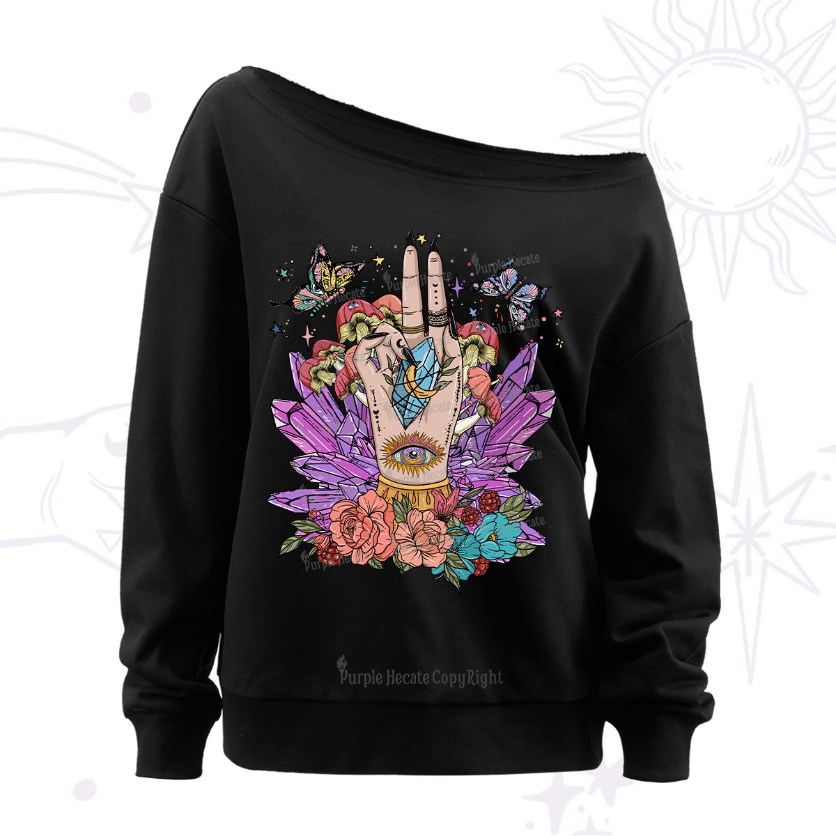 Purplehecate Crystal Witchy Hand Off The Shoulder Sweatshirt