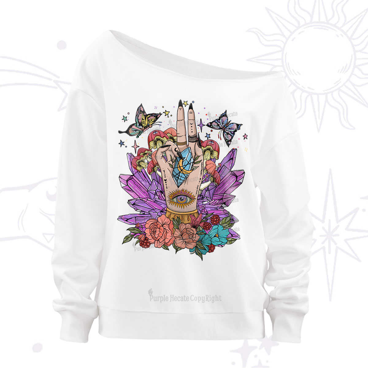 Purplehecate Crystal Witchy Hand Off The Shoulder Sweatshirt