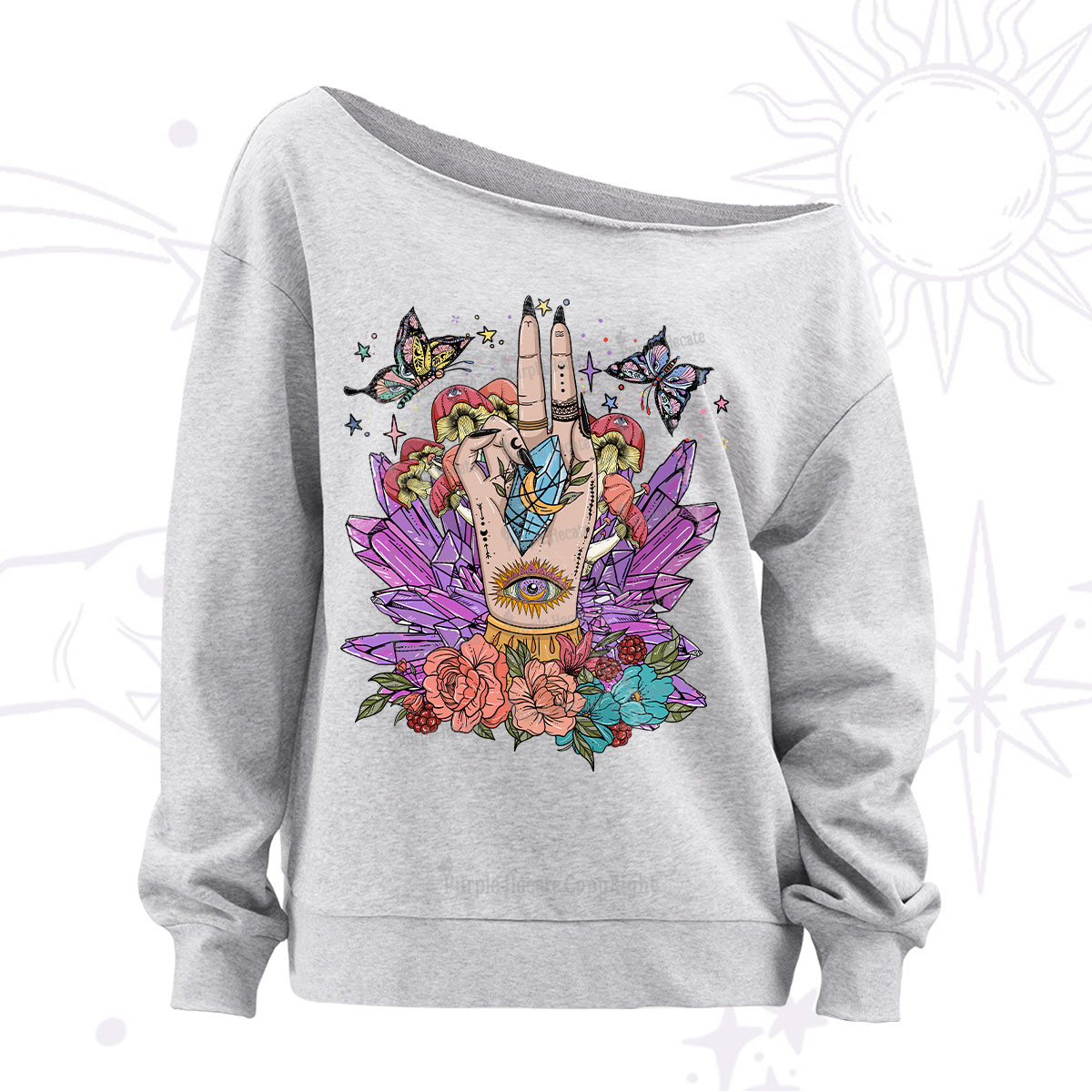 Purplehecate Crystal Witchy Hand Off The Shoulder Sweatshirt