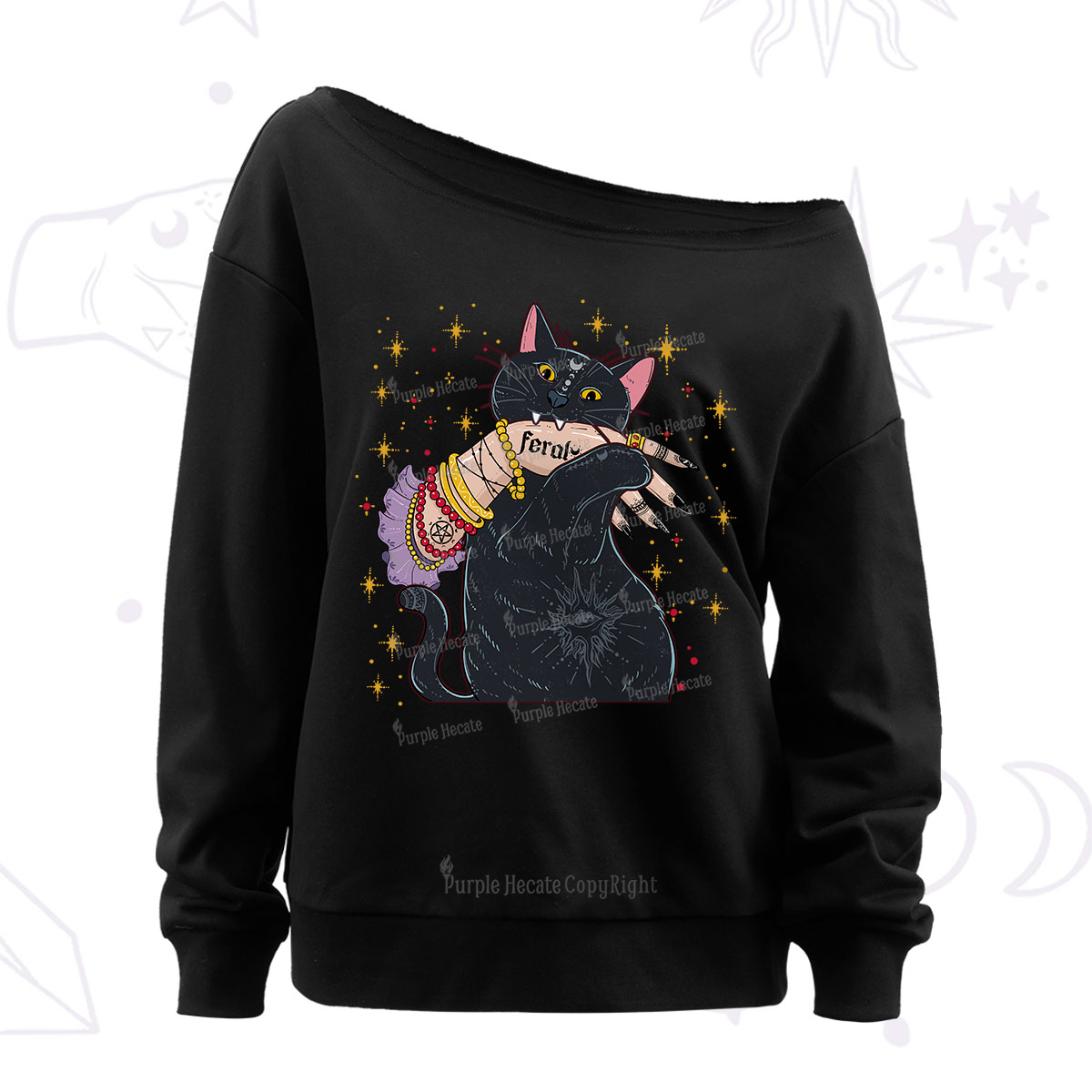 Purplehecate Feral Cat Off The Shoulder Sweatshirt