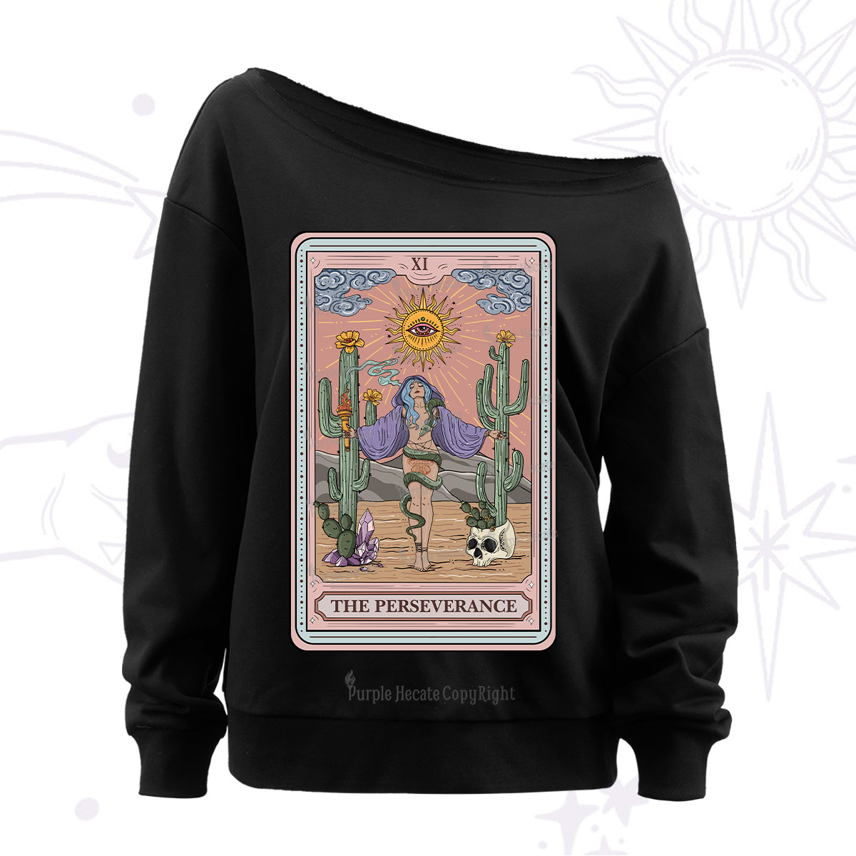 Purplehecate The Perseverance Tarot Card Off The Shoulder Sweatshirt