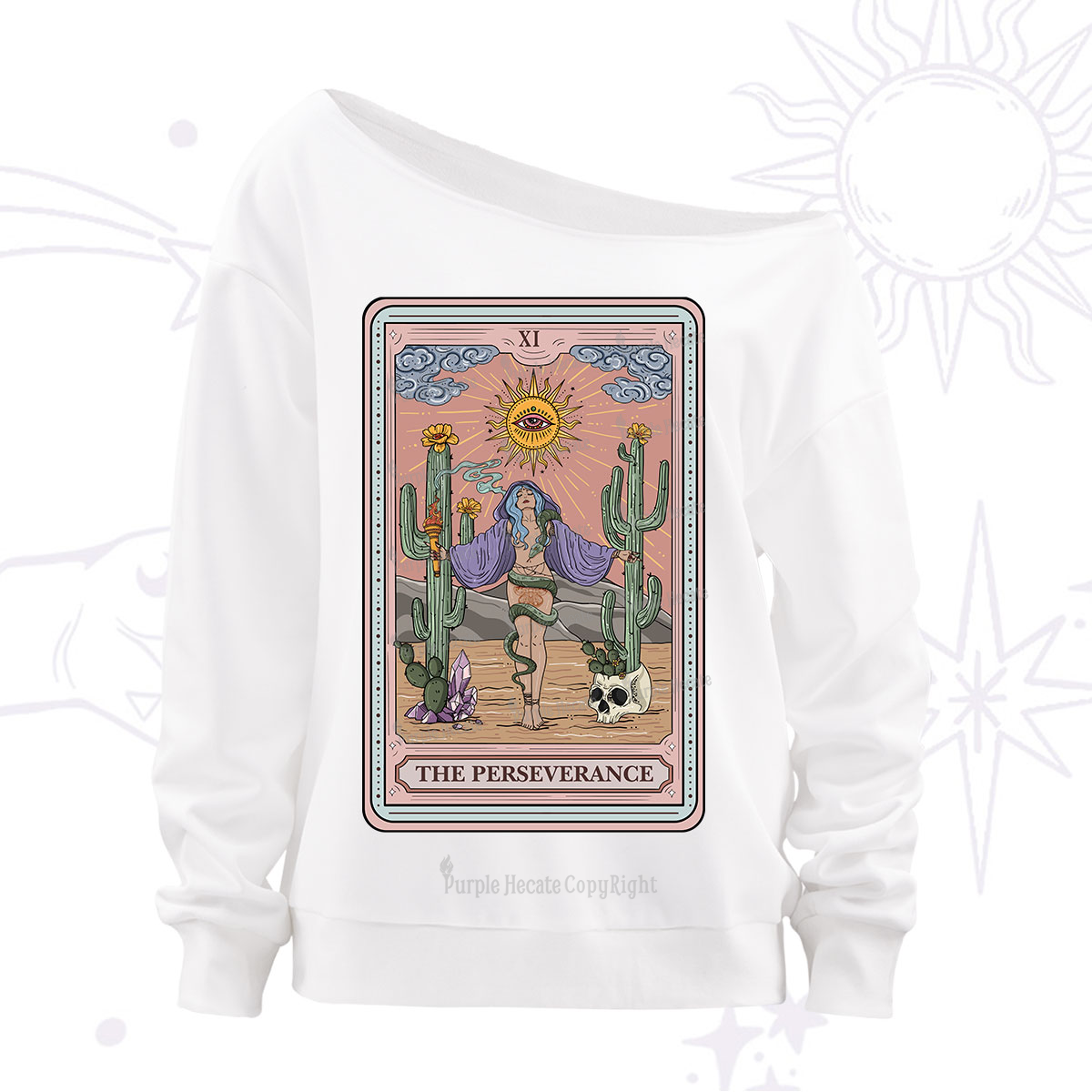 Purplehecate The Perseverance Tarot Card Off The Shoulder Sweatshirt