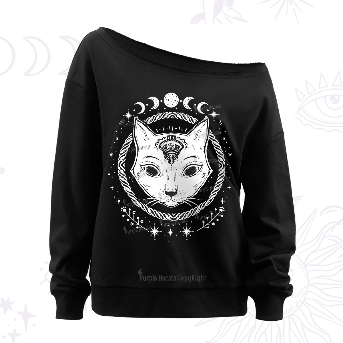 Purplehecate Third Eye Black Cat Off The Shoulder Sweatshirt