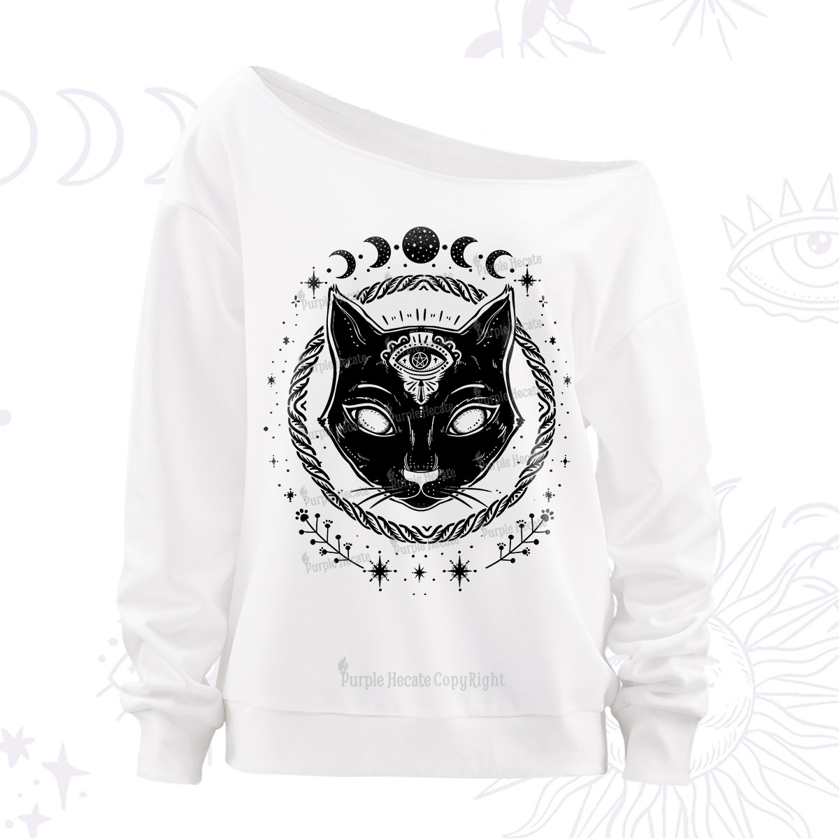 Purplehecate Third Eye Black Cat Off The Shoulder Sweatshirt