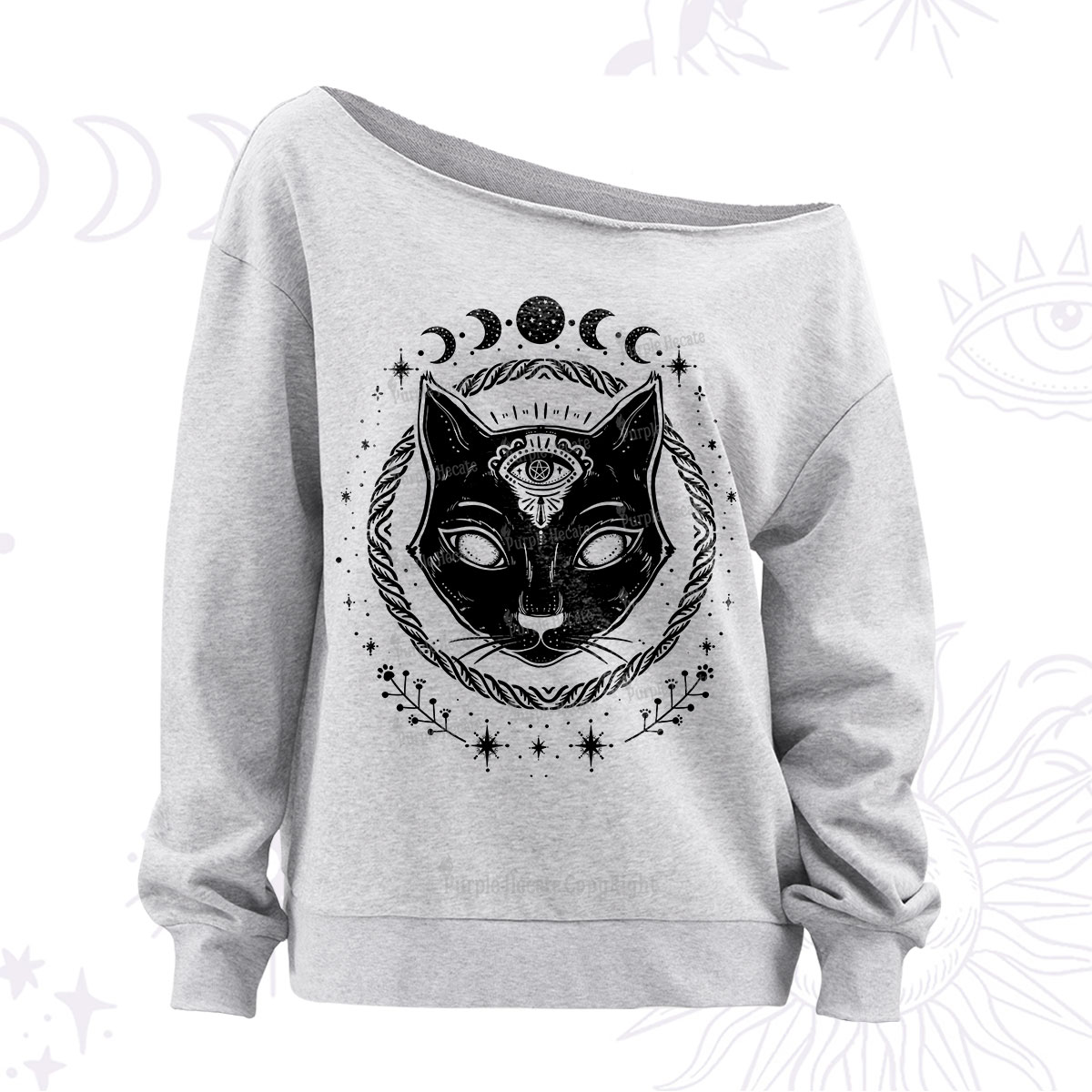 Purplehecate Third Eye Black Cat Off The Shoulder Sweatshirt