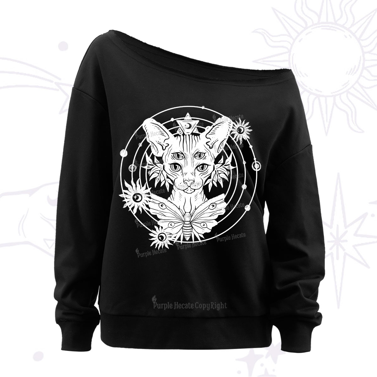 Purplehecate Mystic Sphynx Cat Lover Off The Shoulder Sweatshirt