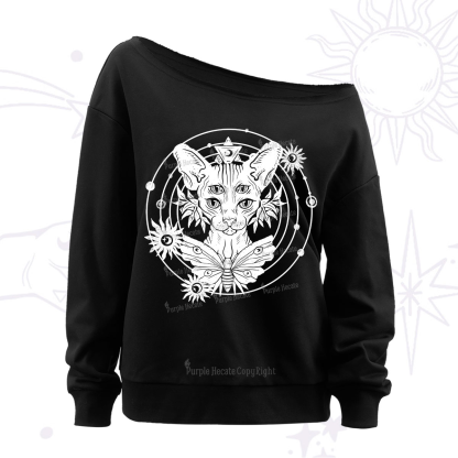 Purplehecate Mystic Sphynx Cat Lover Off The Shoulder Sweatshirt