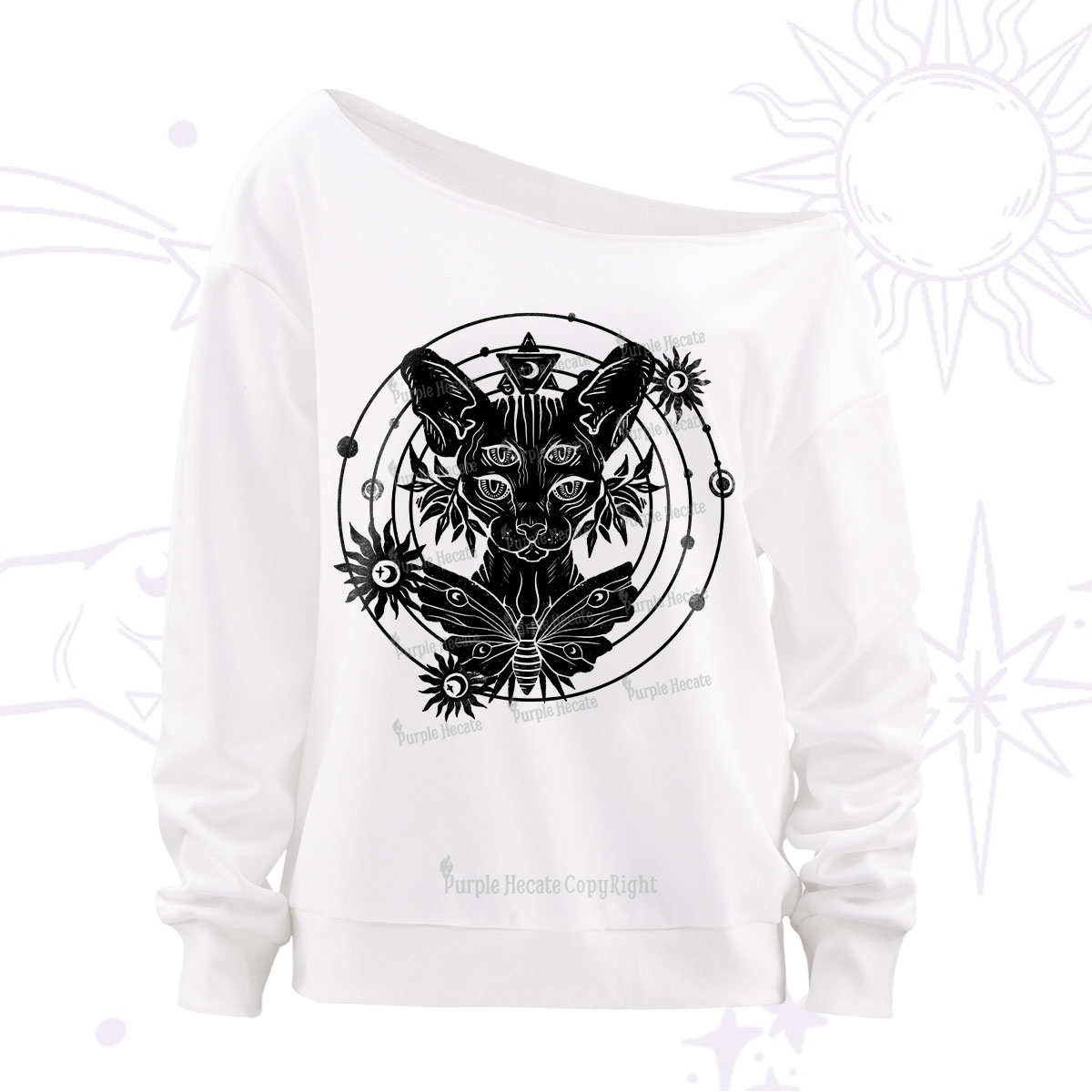 Purplehecate Mystic Sphynx Cat Lover Off The Shoulder Sweatshirt