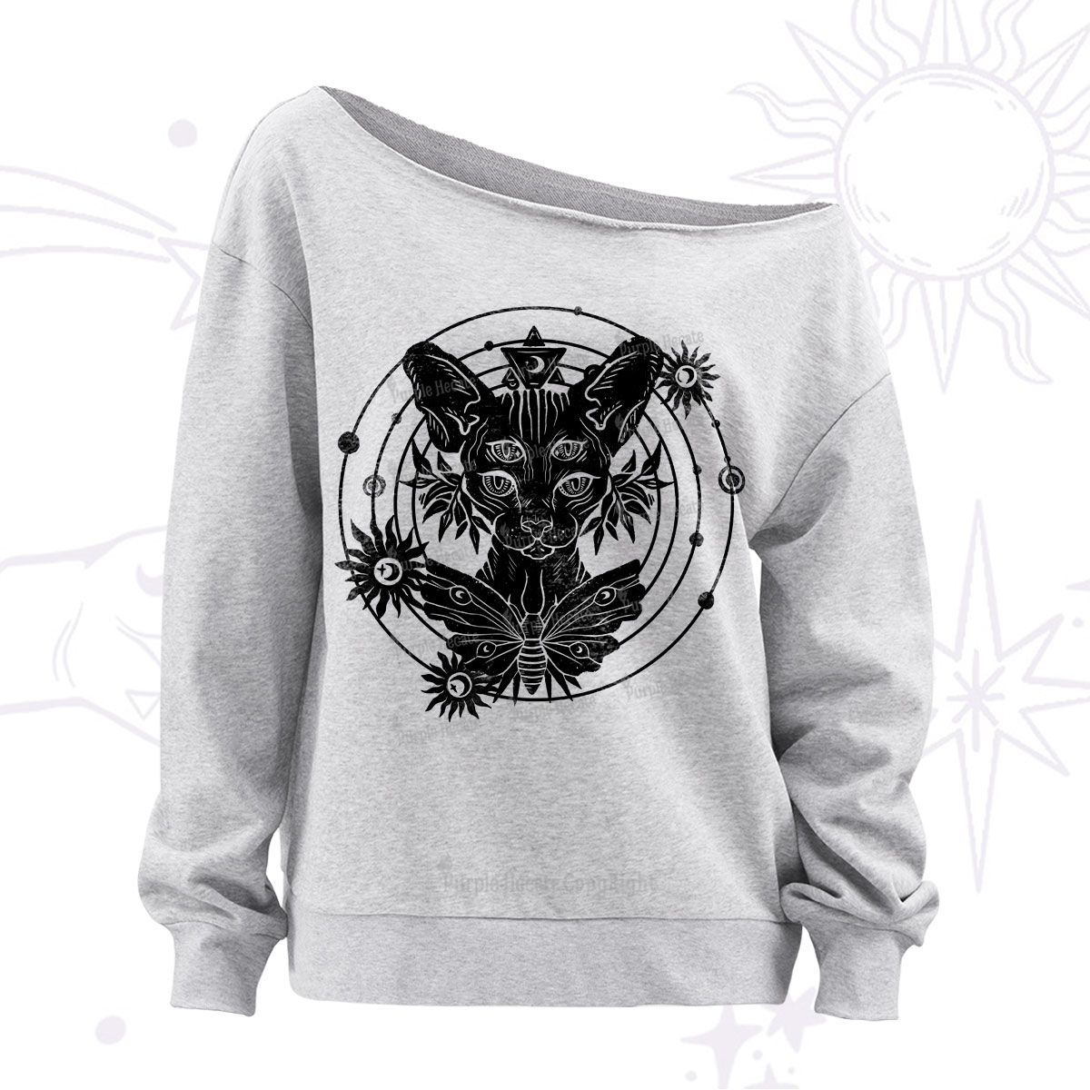 Purplehecate Mystic Sphynx Cat Lover Off The Shoulder Sweatshirt