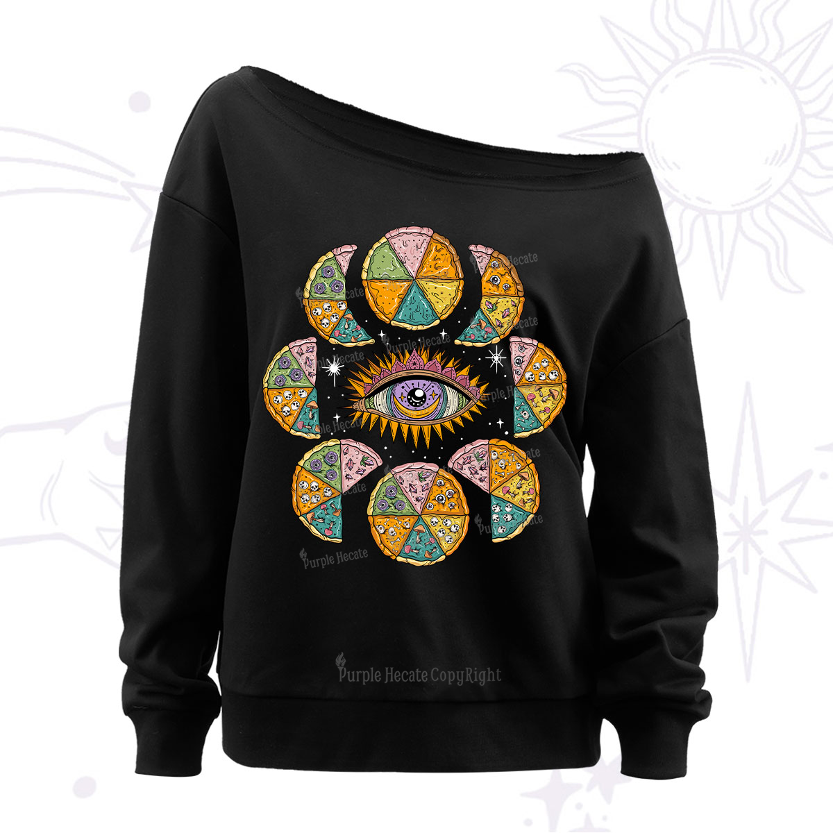 Purplehecate Moon Phase Pizza Off The Shoulder Sweatshirt