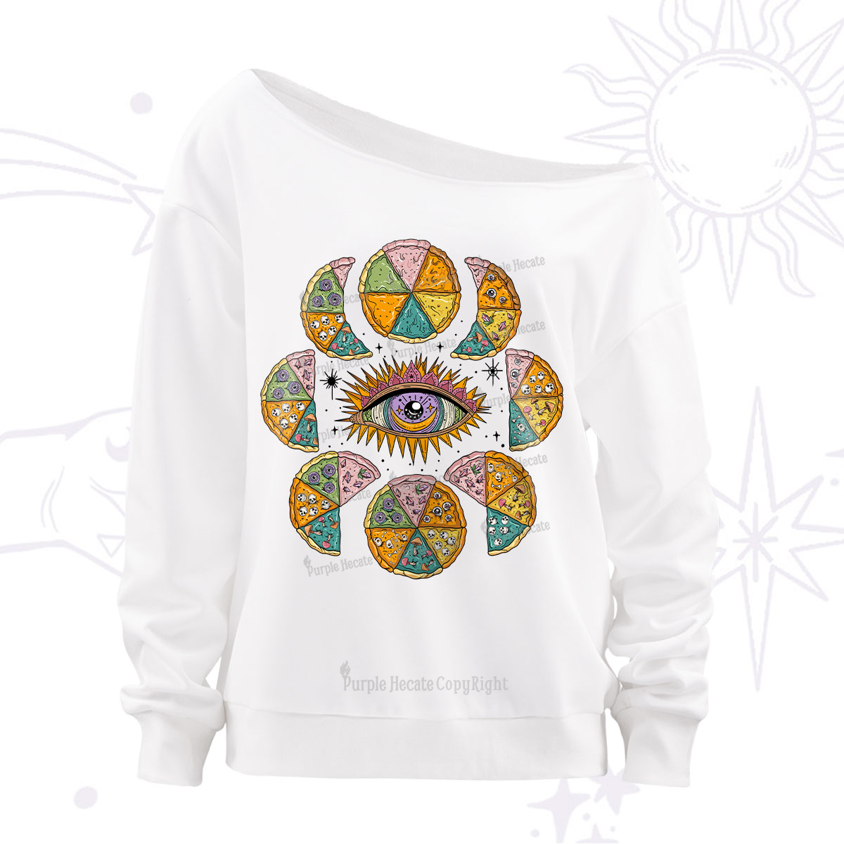 Purplehecate Moon Phase Pizza Off The Shoulder Sweatshirt