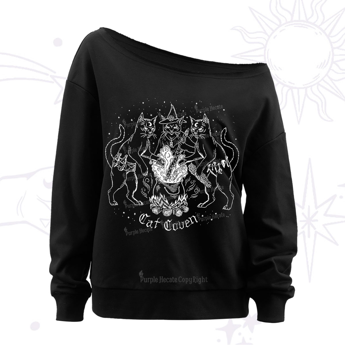 Purplehecate Cat Coven Off The Shoulder Sweatshirt