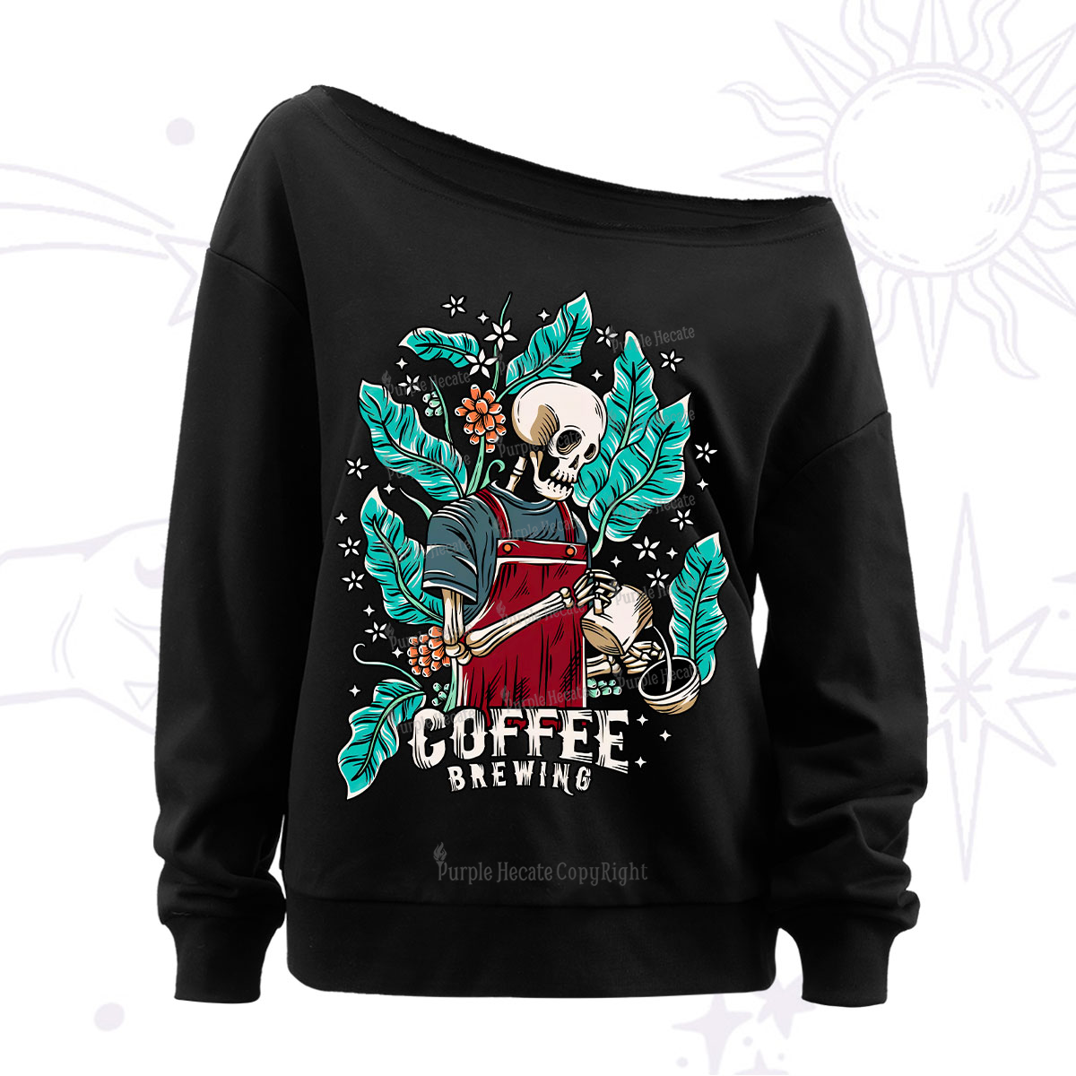 Purplehecate Coffee Brewing Off The Shoulder Sweatshirt