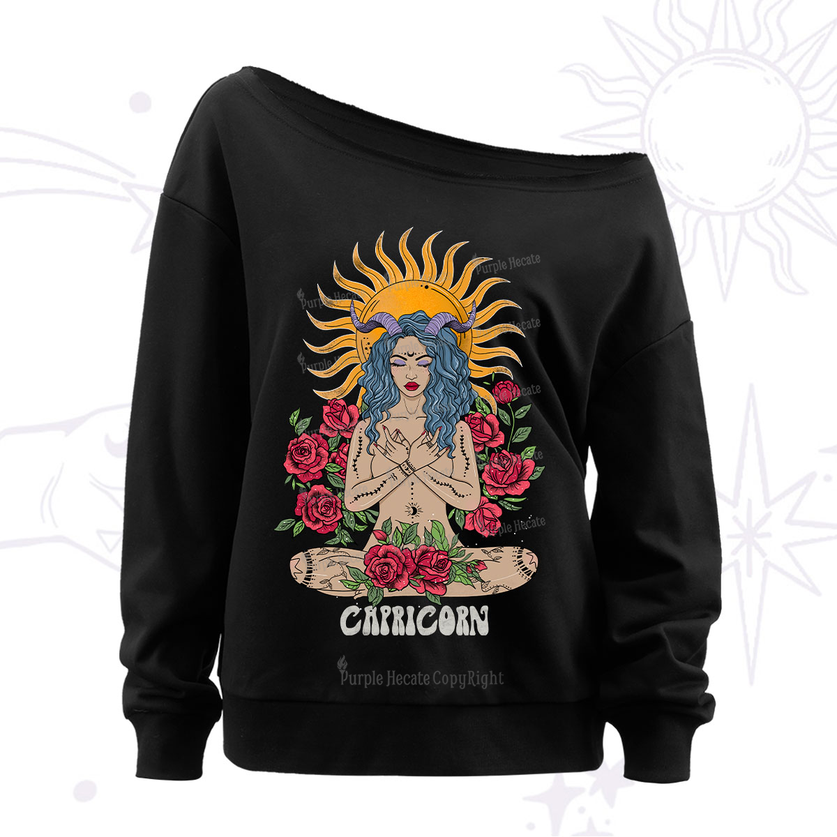 Purplehecate Sun Guardian Of Capricorn Zodiac Off The Shoulder Sweatshirt