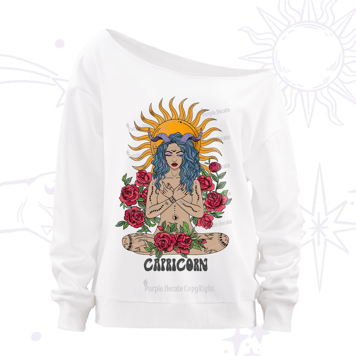 Purplehecate Sun Guardian Of Capricorn Zodiac Off The Shoulder Sweatshirt