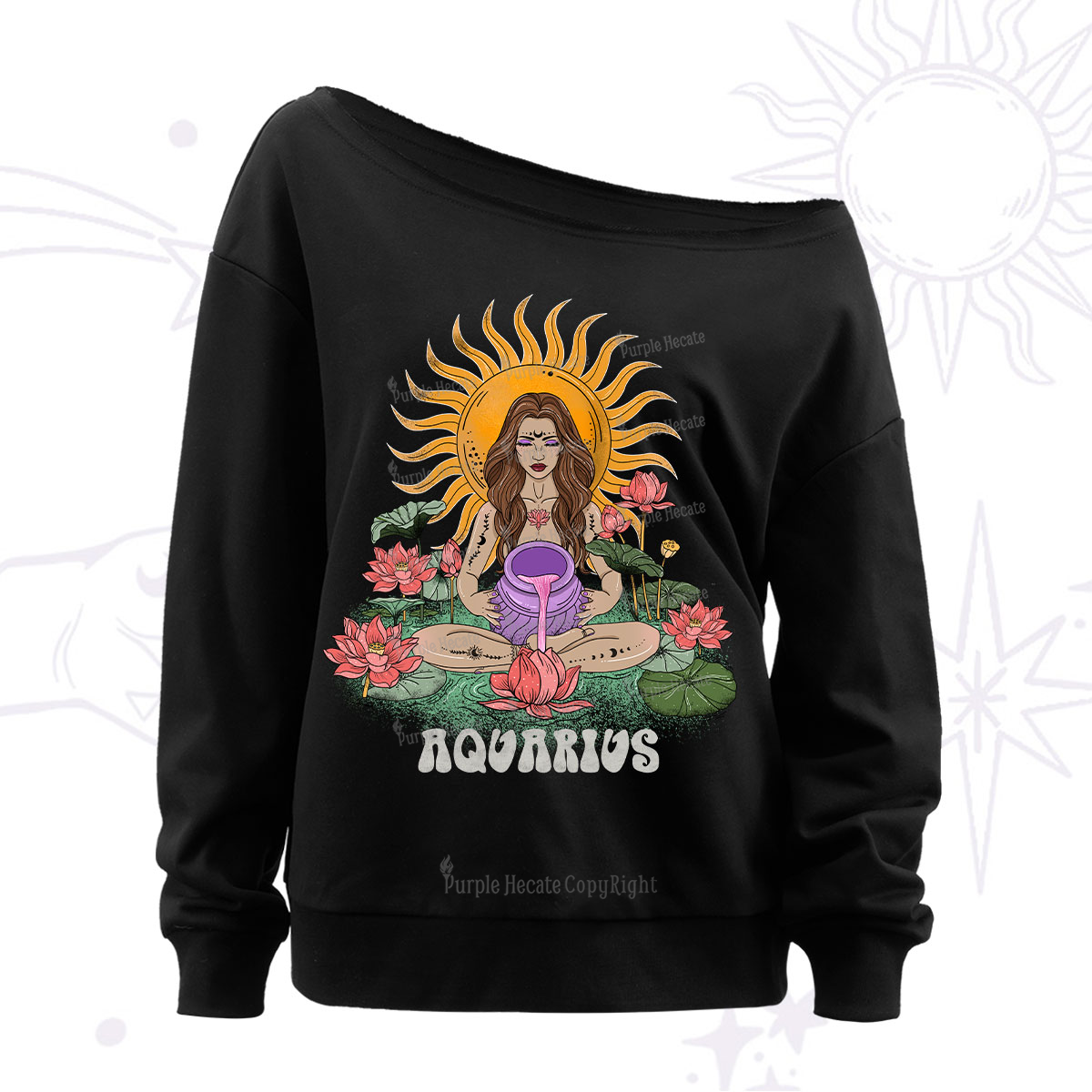 Purplehecate Sun Guardian Of Aquarius Zodiac Off The Shoulder Sweatshirt