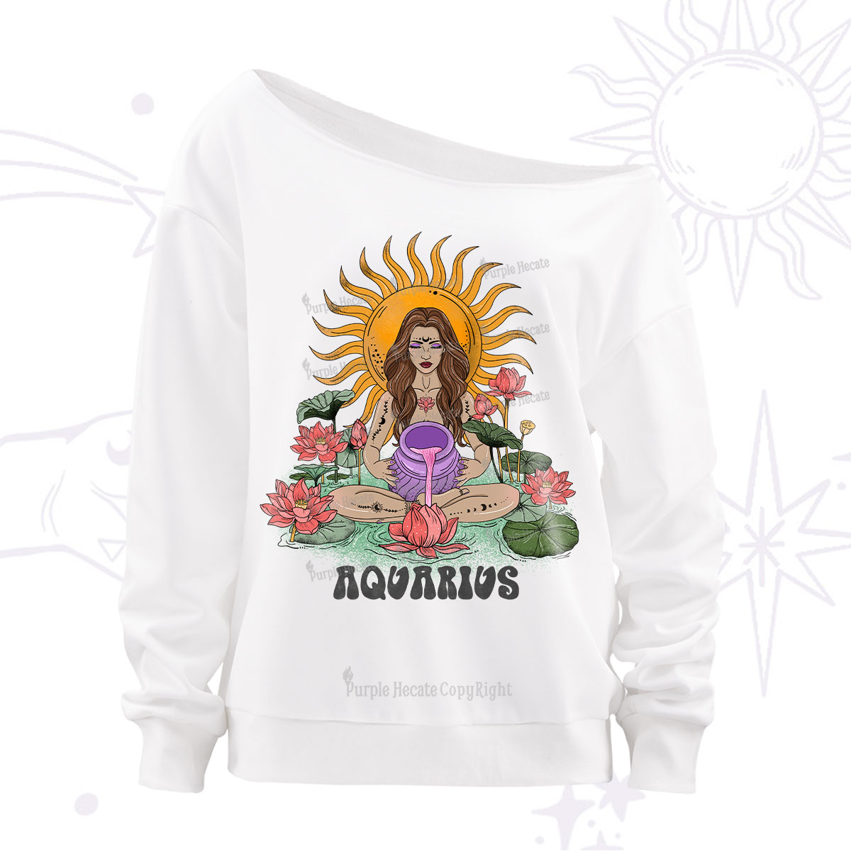 Purplehecate Sun Guardian Of Aquarius Zodiac Off The Shoulder Sweatshirt