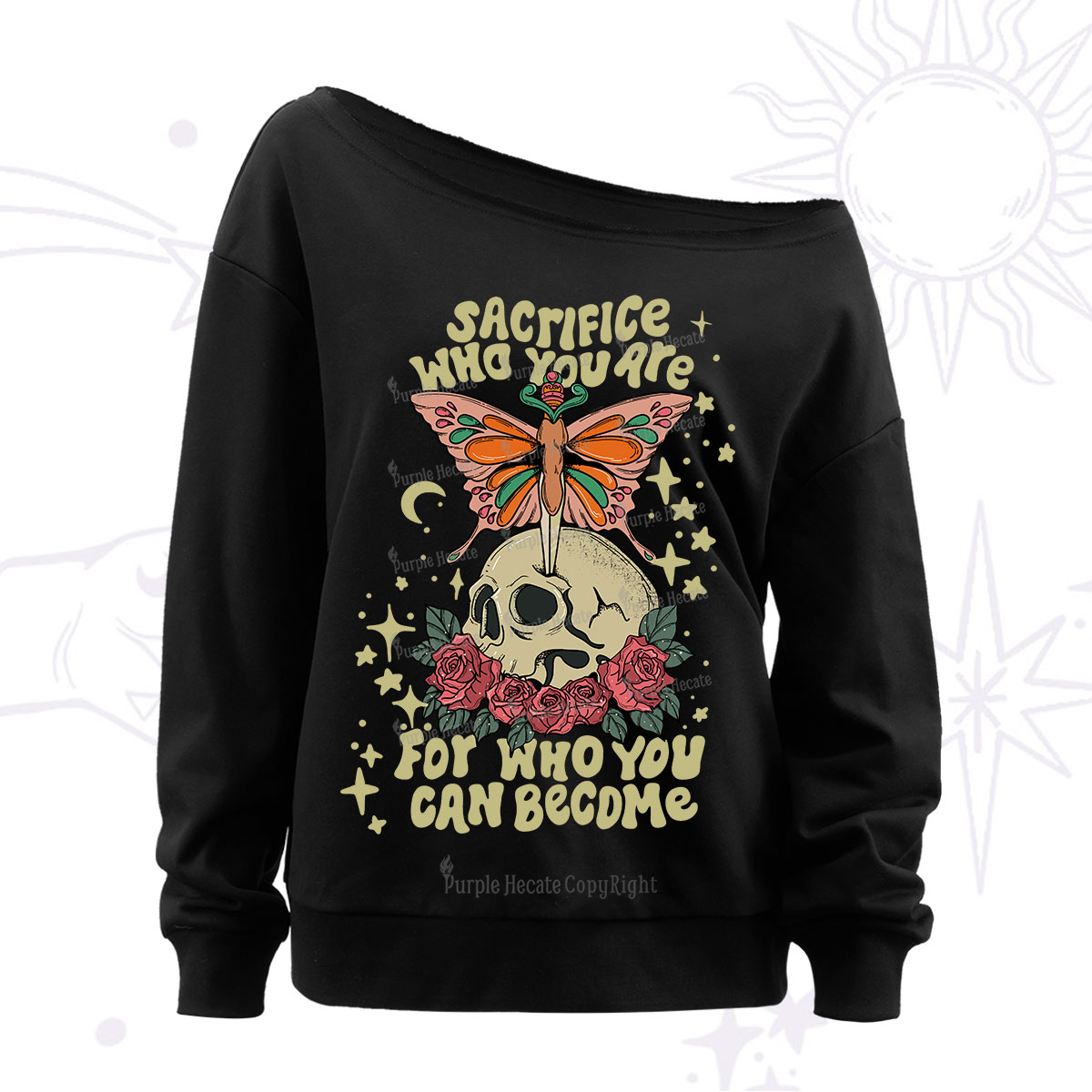 Purplehecate For Who You Can Become Off The Shoulder Sweatshirt