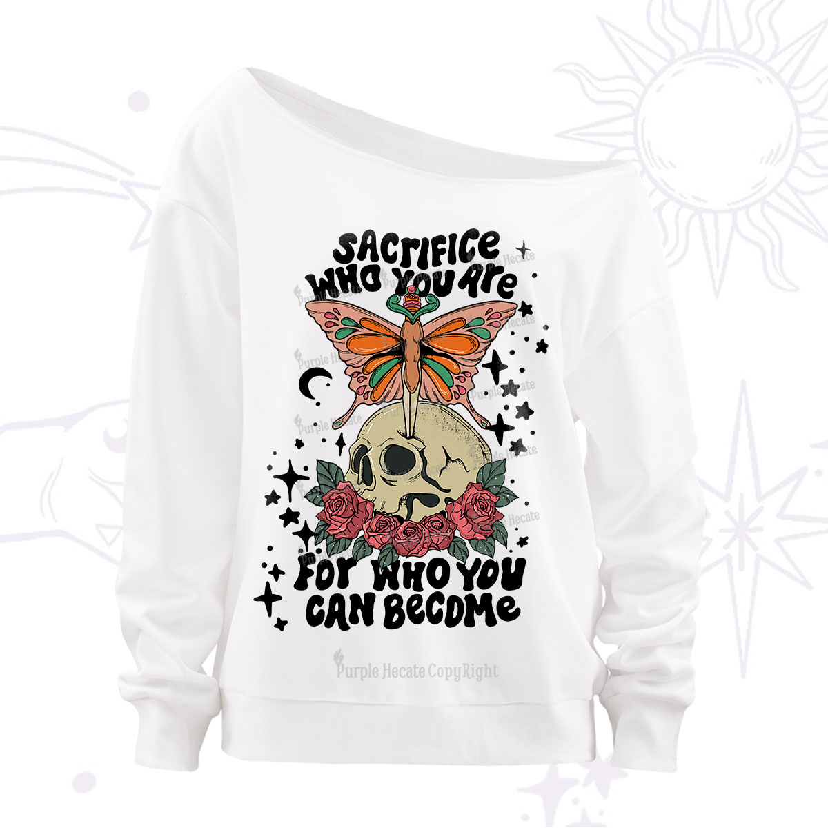 Purplehecate For Who You Can Become Off The Shoulder Sweatshirt