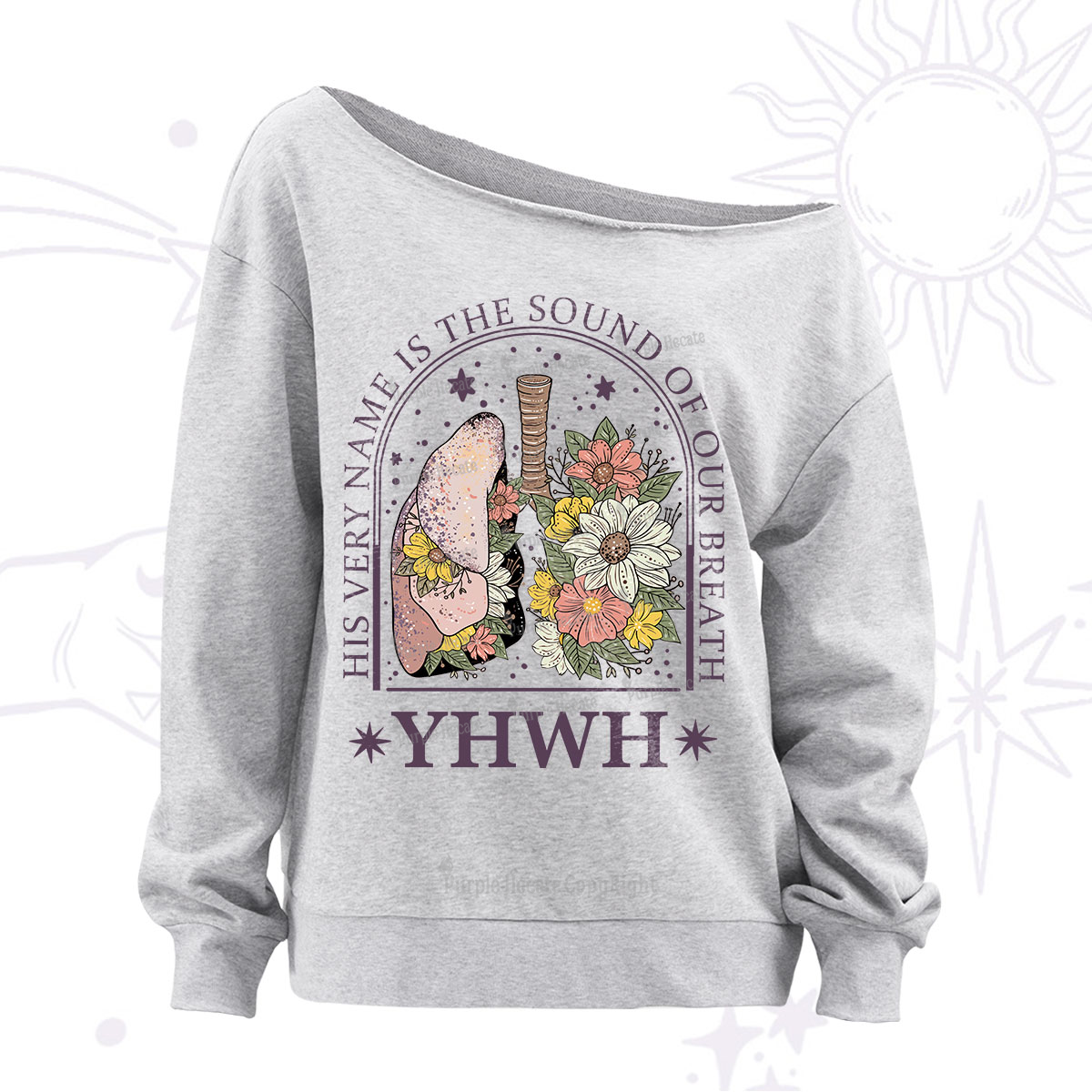 Purplehecate His Very Name Is The Sound Of Our Breath Off The Shoulder Sweatshirt