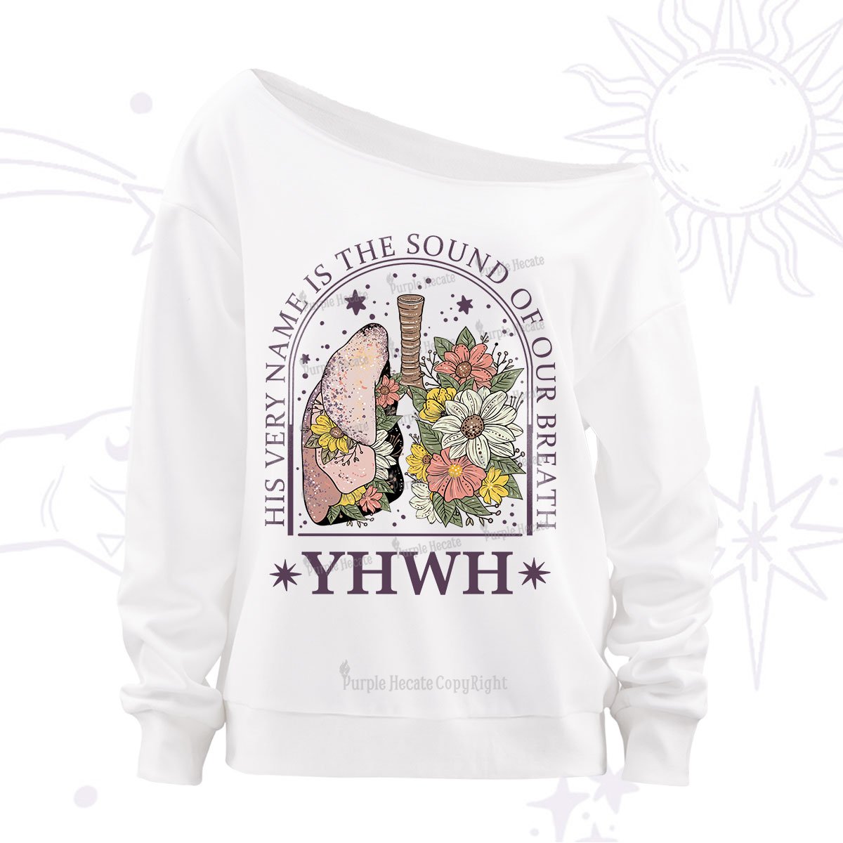 Purplehecate His Very Name Is The Sound Of Our Breath Off The Shoulder Sweatshirt