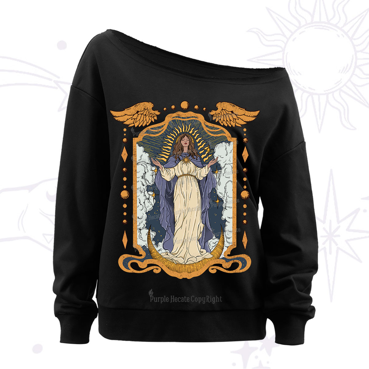 Purplehecate Holy Guardian Off The Shoulder Sweatshirt