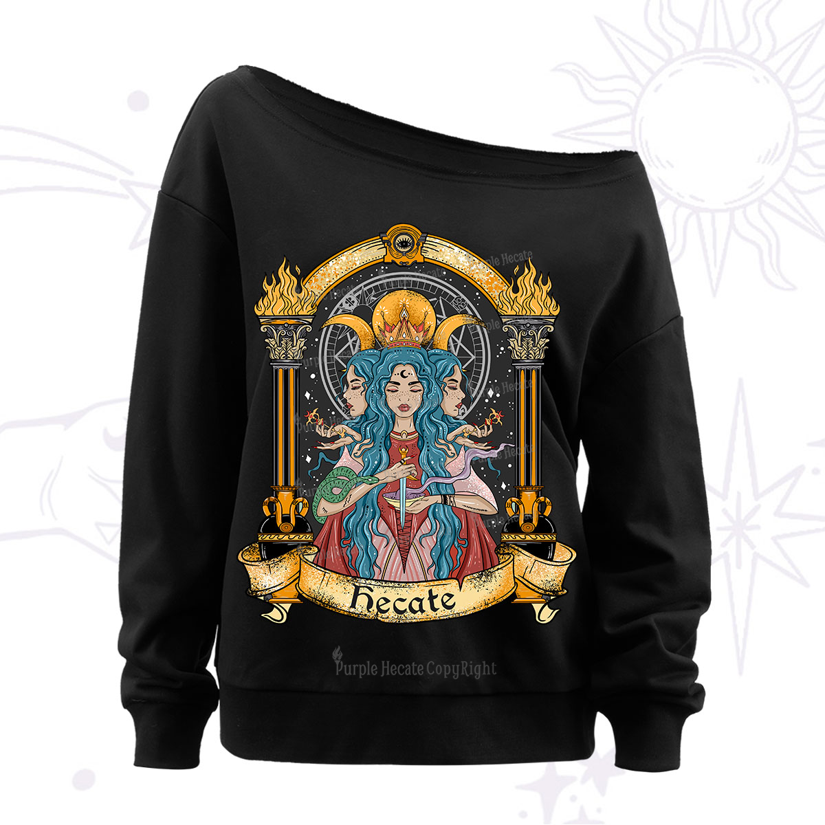 Purplehecate Triple Moon Goddess Hecate Off The Shoulder Sweatshirt