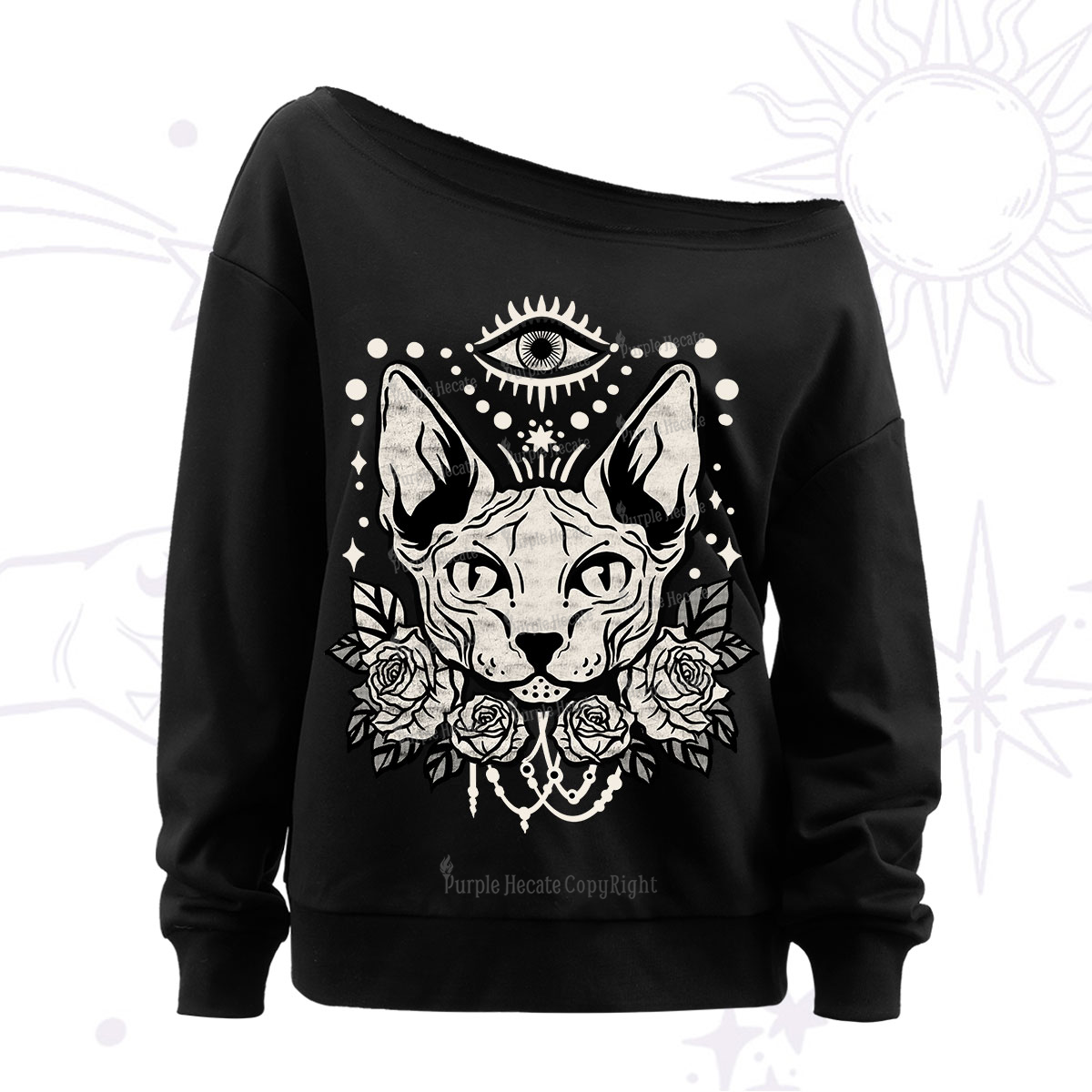 Purplehecate Mystical Cat Off The Shoulder Sweatshirt
