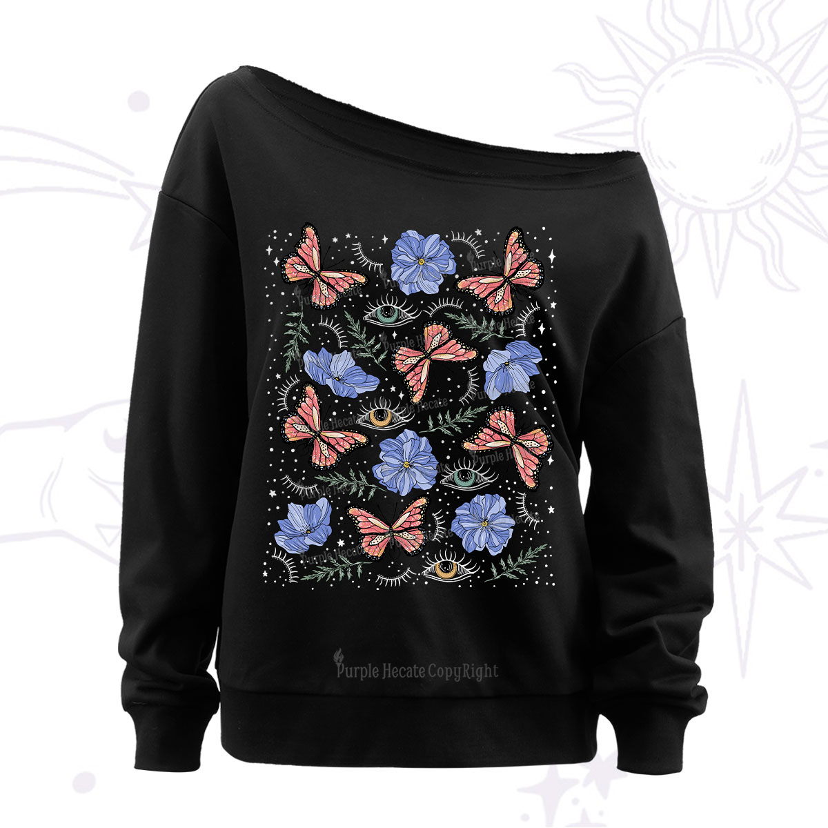 Purplehecate Butterfly Floral Off The Shoulder Sweatshirt