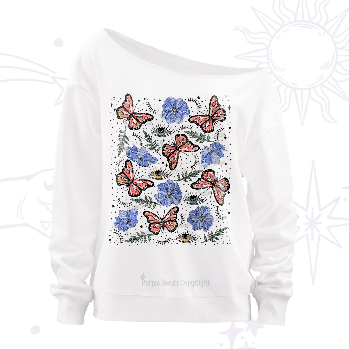 Purplehecate Butterfly Floral Off The Shoulder Sweatshirt