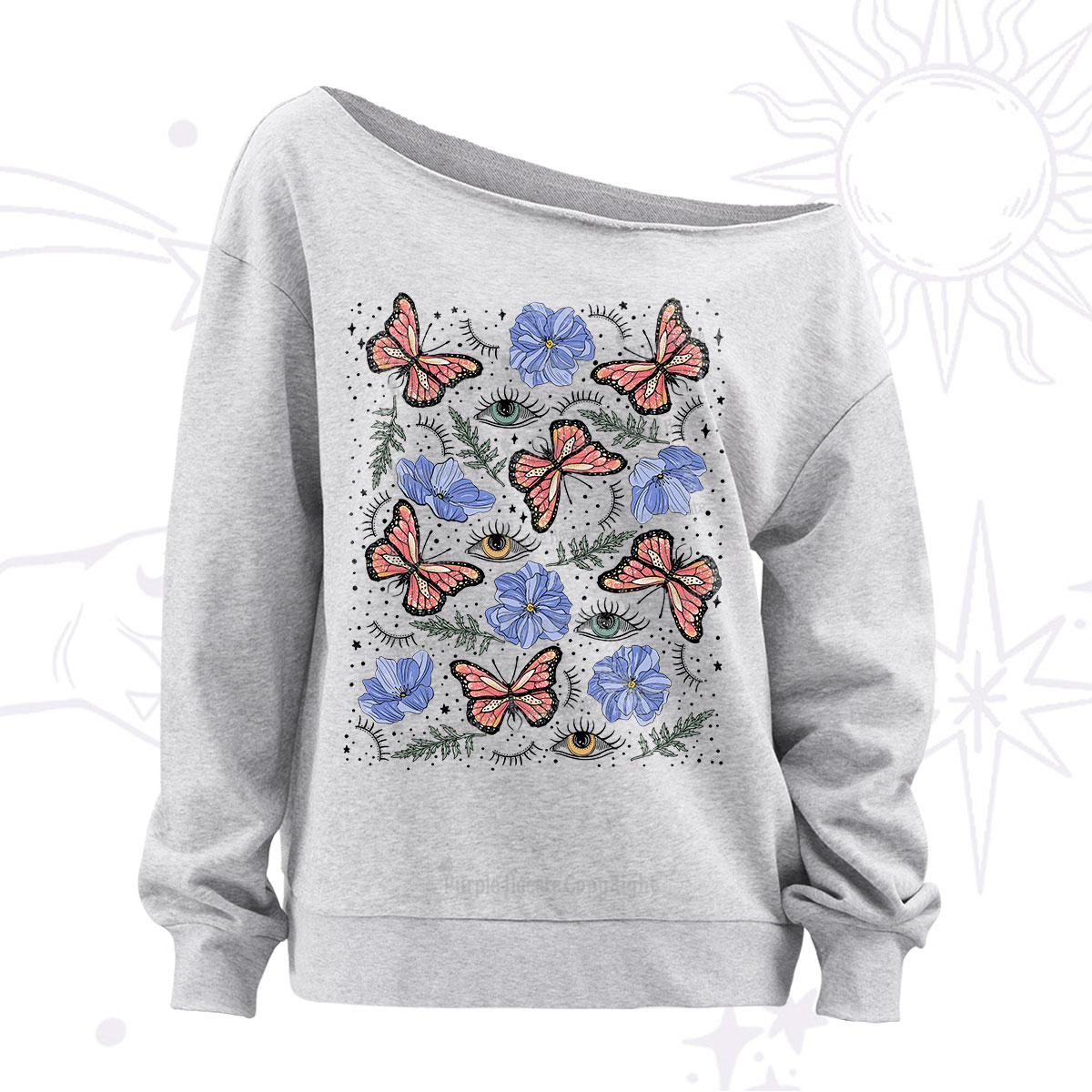 Purplehecate Butterfly Floral Off The Shoulder Sweatshirt