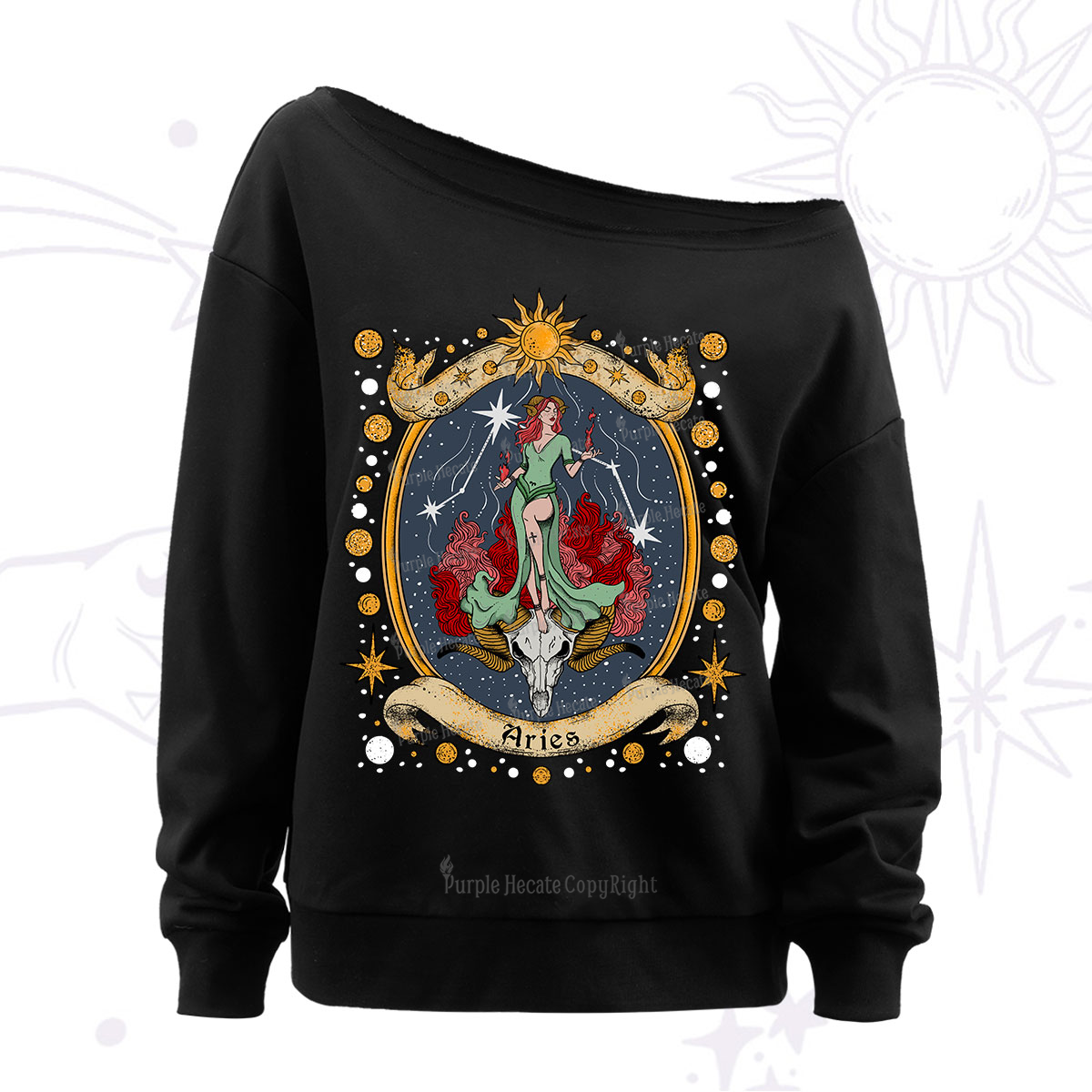 Purplehecate Celestial Aries Zodiac Off The Shoulder Sweatshirt