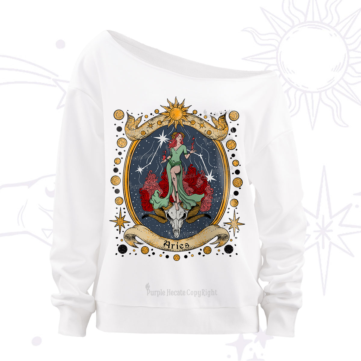 Purplehecate Celestial Aries Zodiac Off The Shoulder Sweatshirt