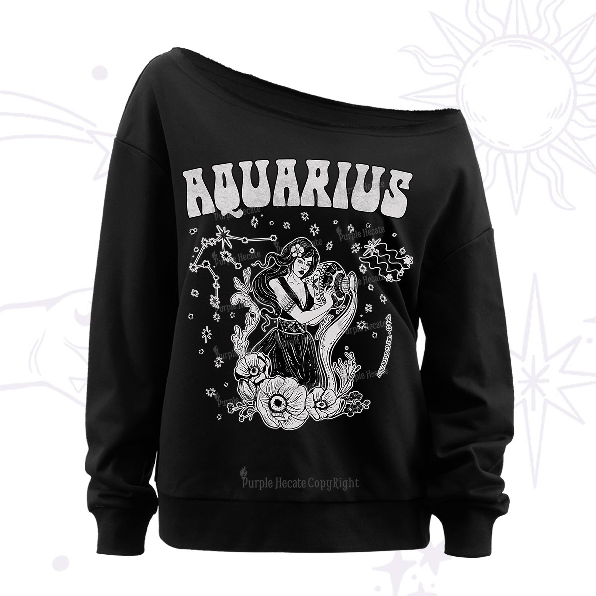 Purplehecate Aquarius  Zodiac Glyphs Off The Shoulder Sweatshirt
