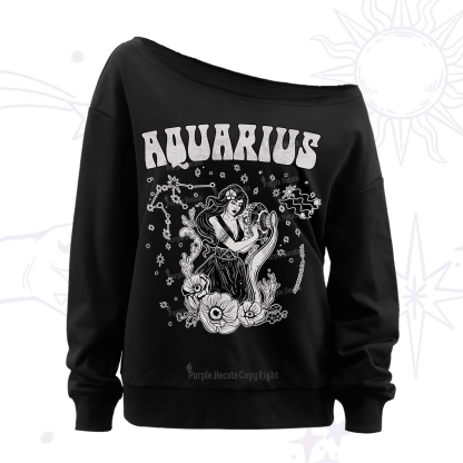 Purplehecate Aquarius  Zodiac Glyphs Off The Shoulder Sweatshirt