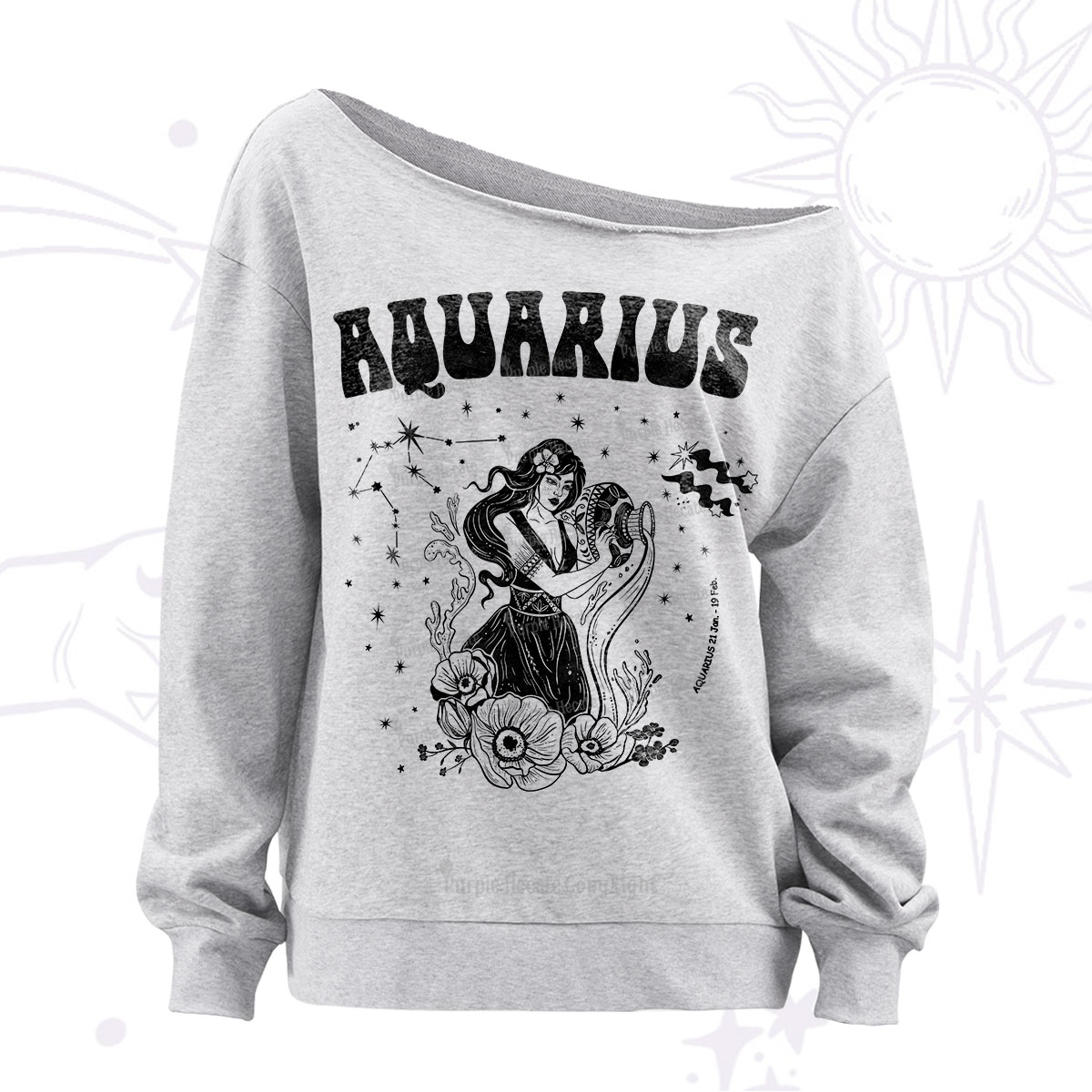 Purplehecate Aquarius  Zodiac Glyphs Off The Shoulder Sweatshirt
