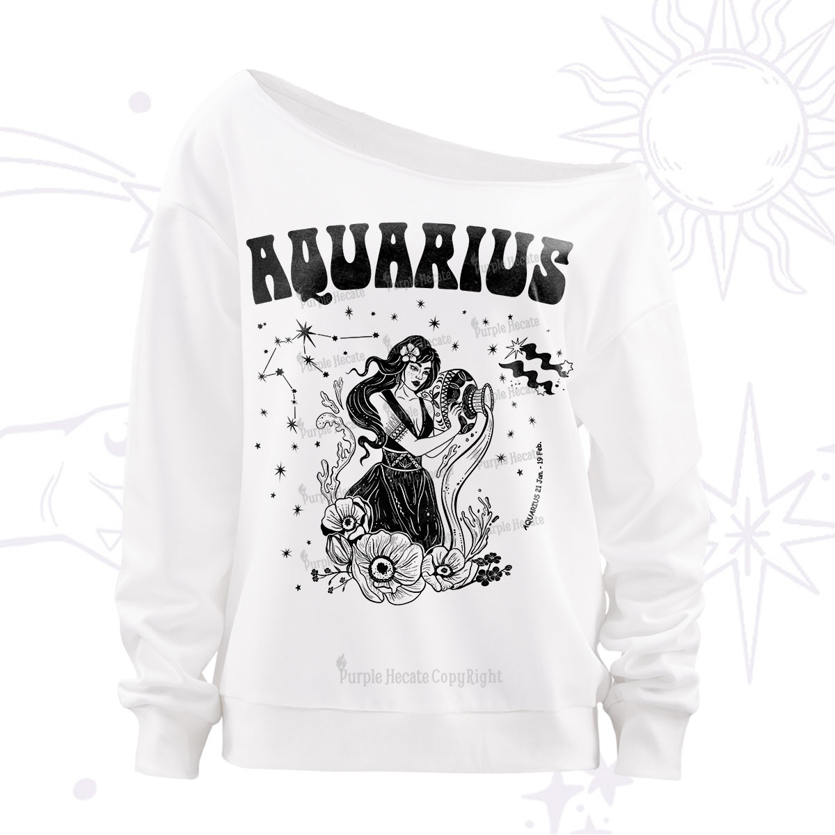 Purplehecate Aquarius  Zodiac Glyphs Off The Shoulder Sweatshirt