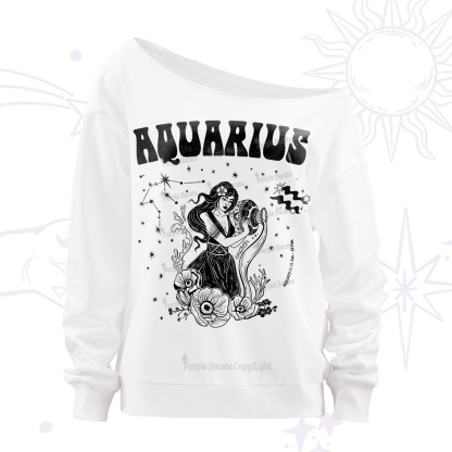 Purplehecate Aquarius  Zodiac Glyphs Off The Shoulder Sweatshirt
