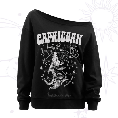 Purplehecate Capricorn Zodiac Glyphs Off The Shoulder Sweatshirt