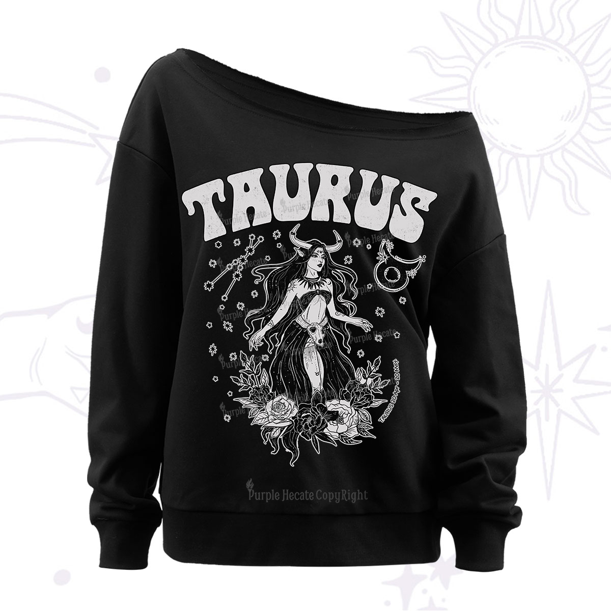 Purplehecate Taurus Zodiac Glyphs Off The Shoulder Sweatshirt