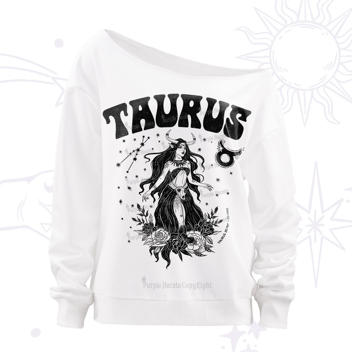 Purplehecate Taurus Zodiac Glyphs Off The Shoulder Sweatshirt