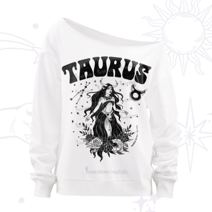 Purplehecate Taurus Zodiac Glyphs Off The Shoulder Sweatshirt