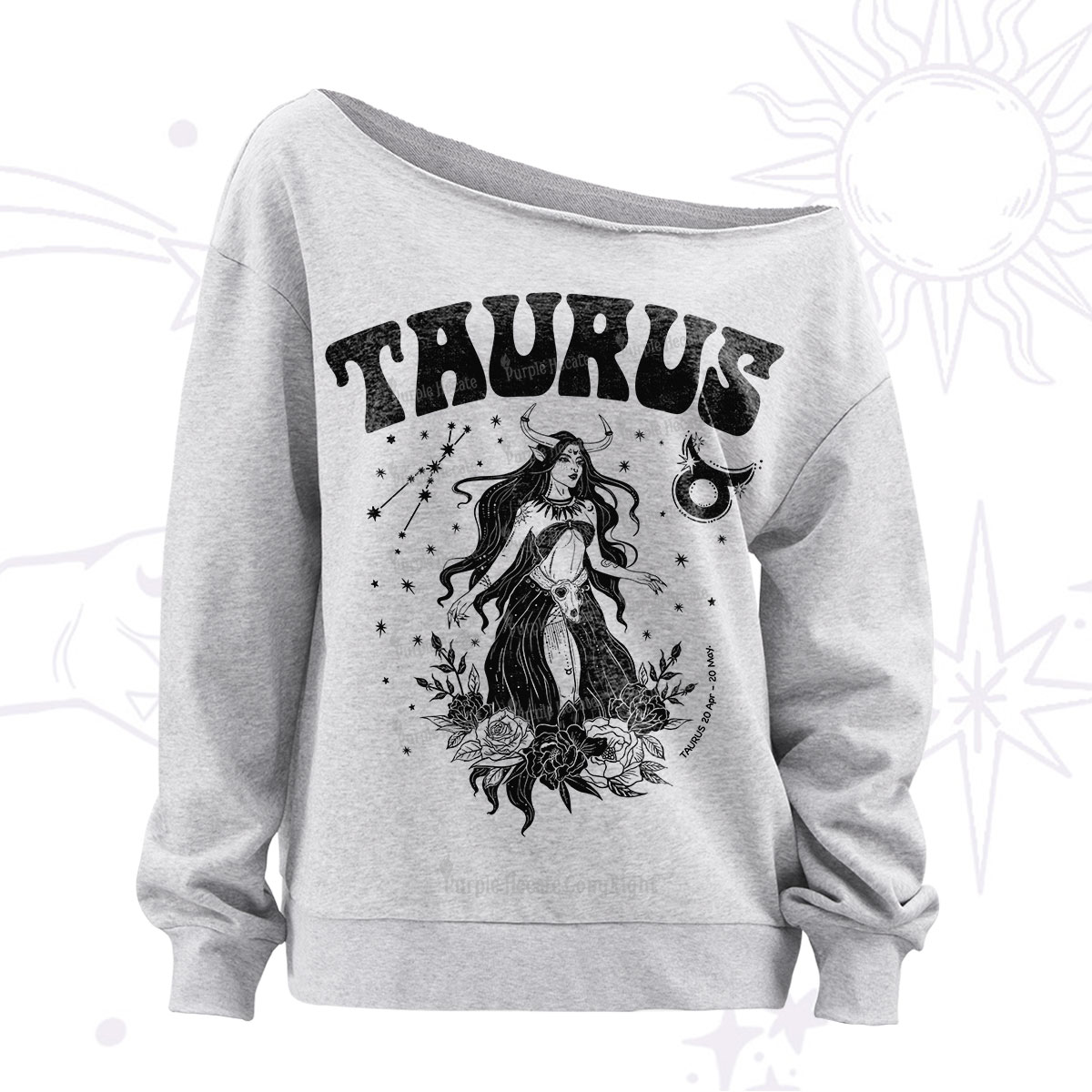 Purplehecate Taurus Zodiac Glyphs Off The Shoulder Sweatshirt