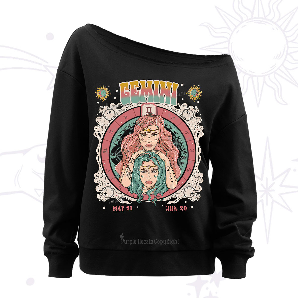 Purplehecate gemini Cosmic Zodiac Off The Shoulder Sweatshirt
