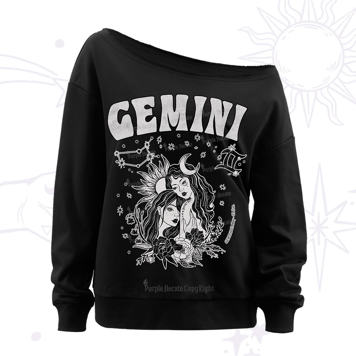 Purplehecate Gemini Zodiac Glyphs Off The Shoulder Sweatshirt