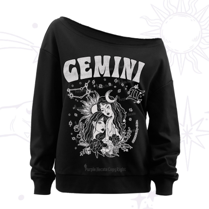 Purplehecate Gemini Zodiac Glyphs Off The Shoulder Sweatshirt